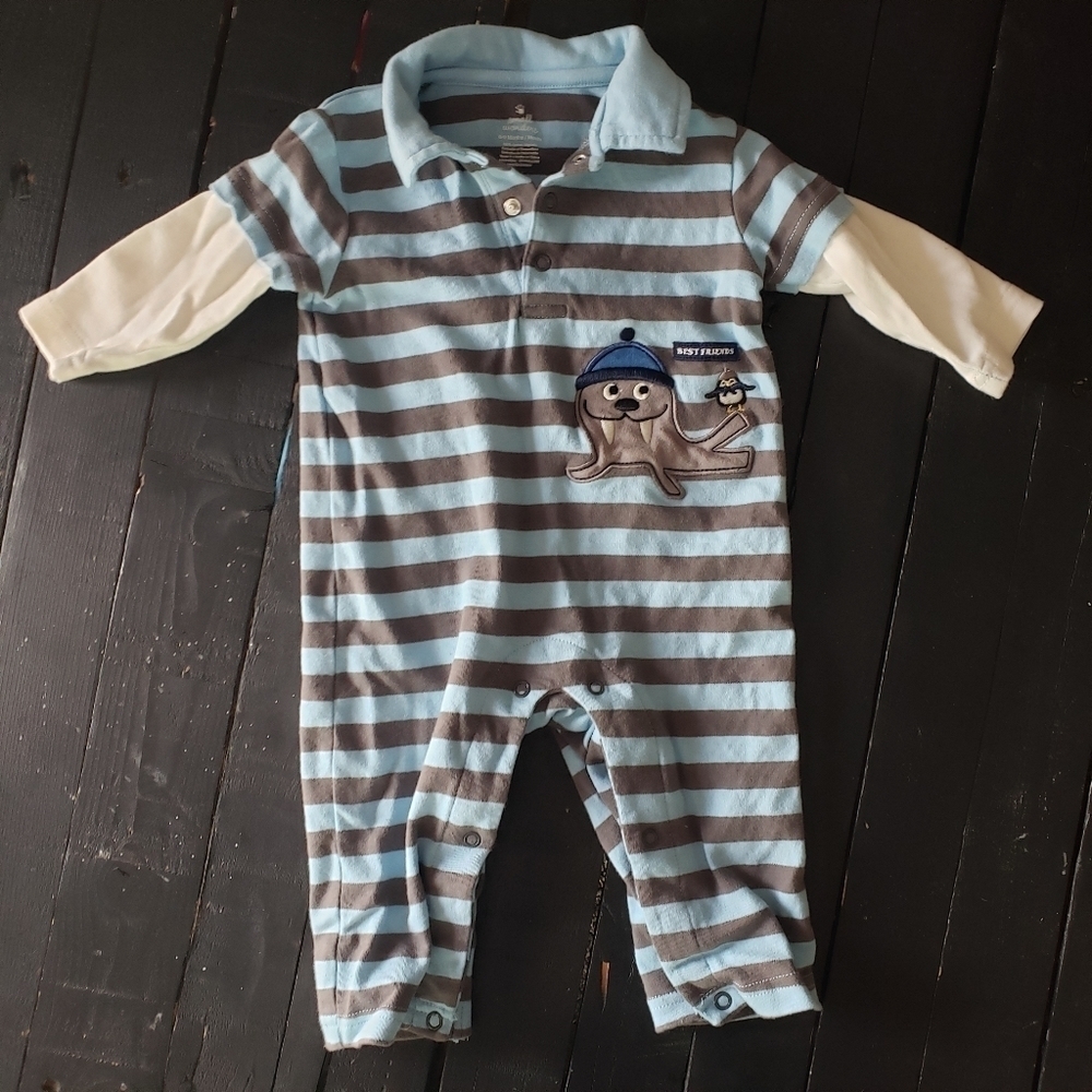 Small Wonders Blue Grey Stripe Romper Walrus Boy